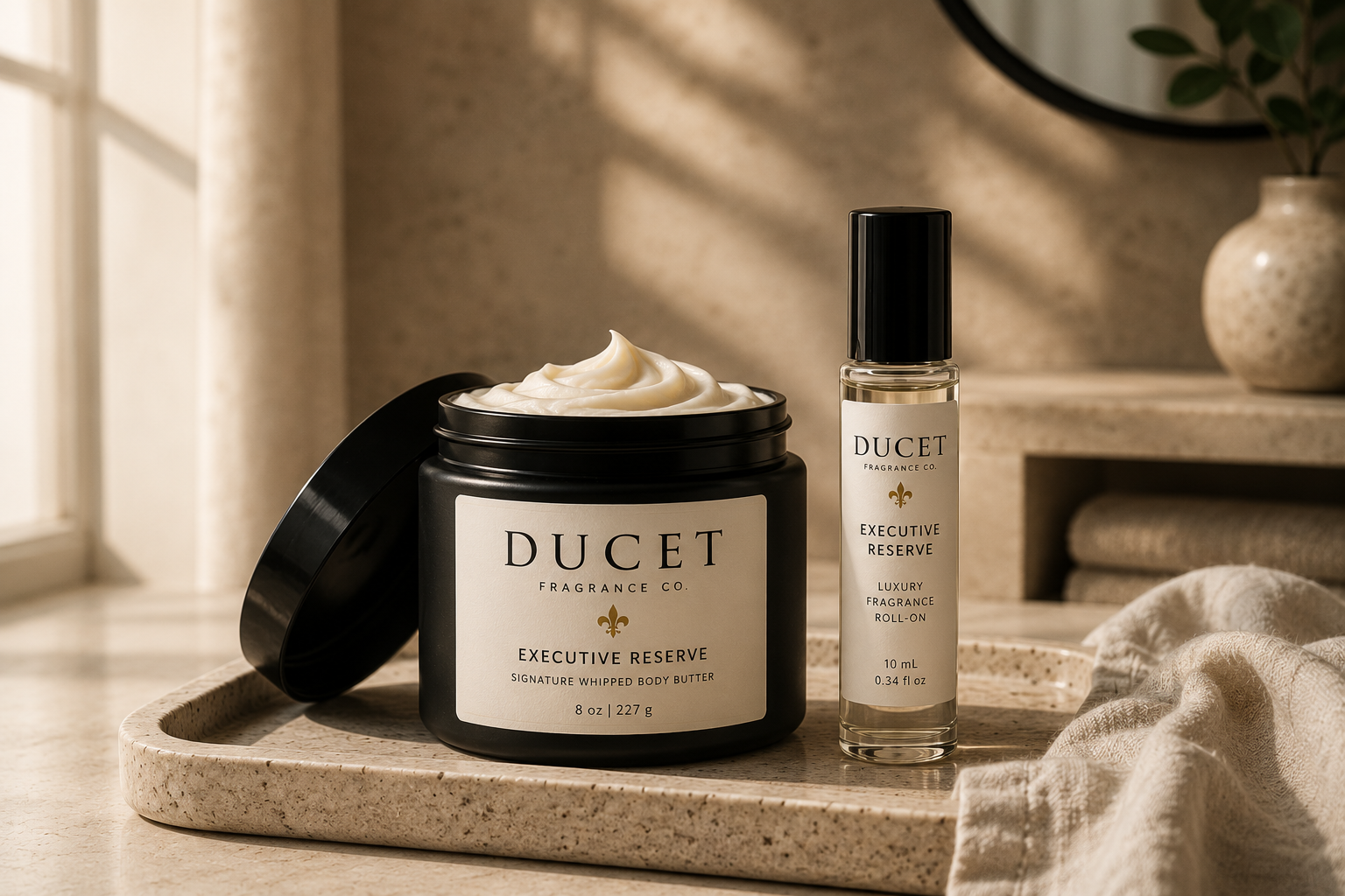 Executive Reserve Signature Whipped Body Butter and Luxury Fragrance Roll-On on a travertine tray in warm morning light