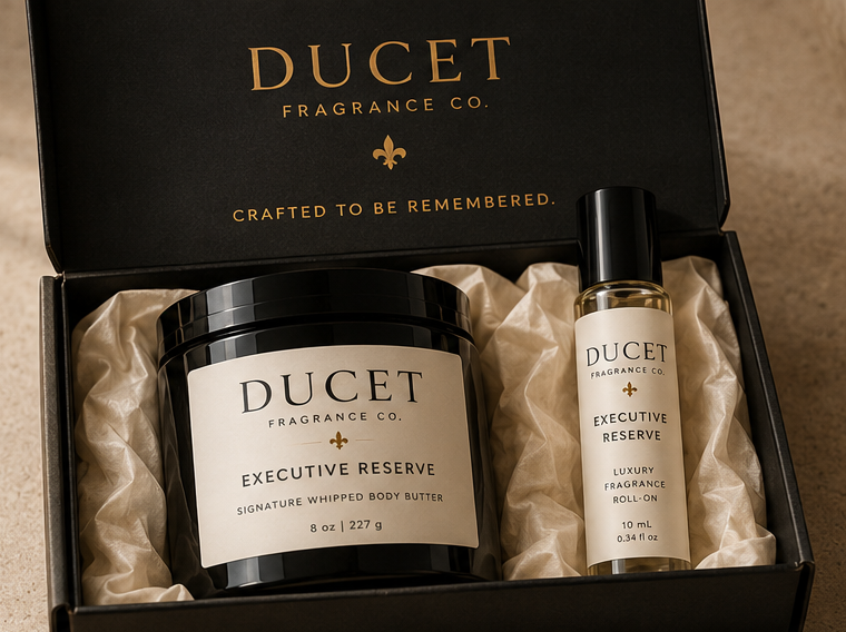 The Ritual gift box with Signature Whipped Body Butter and Luxury Fragrance Roll-On nestled in tissue